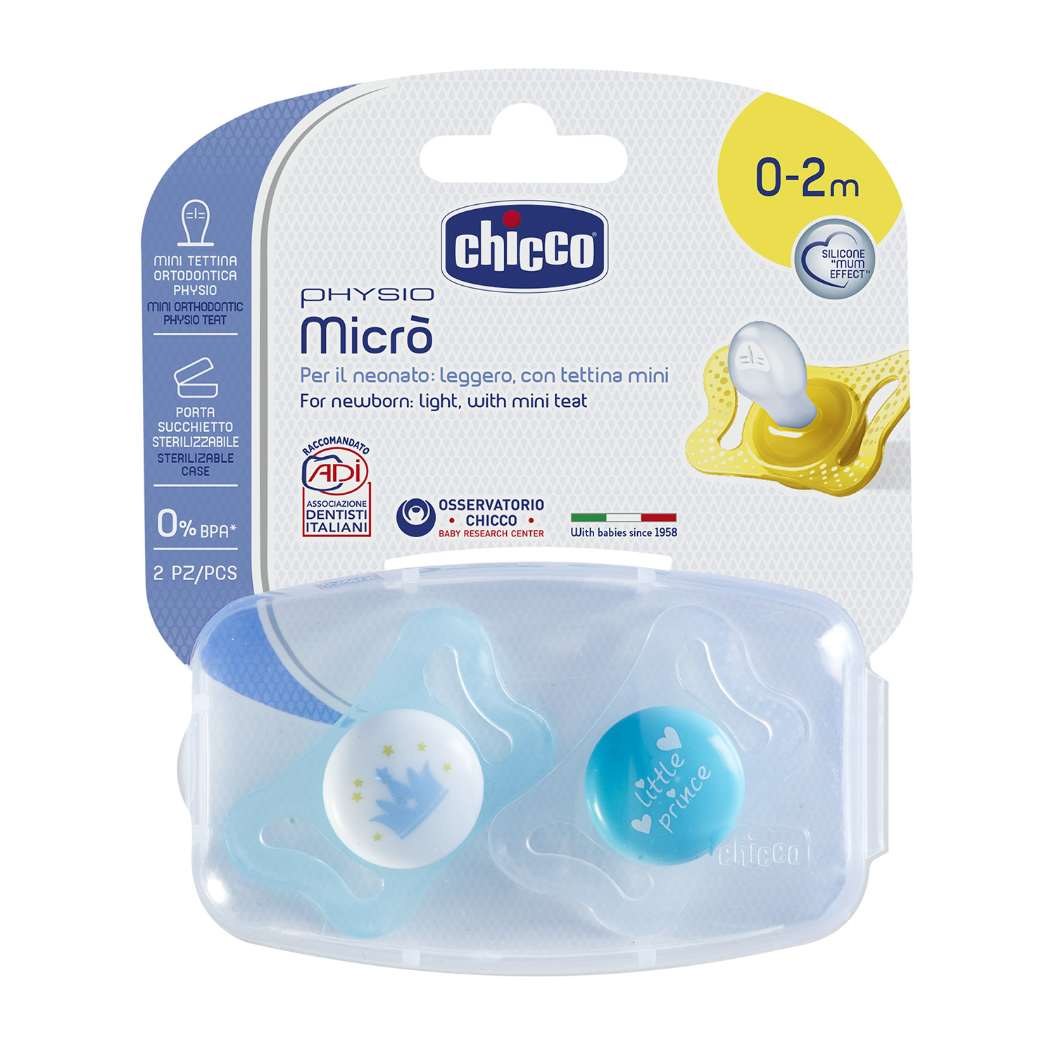 Пустышка Chicco Physio Micro 0-2 мес. для принца корона 2 шт силиконовая - фото 1