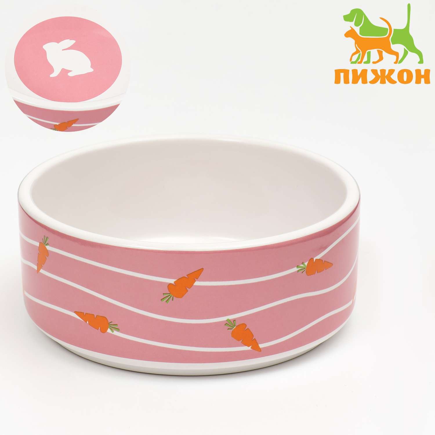 Миска Пижон керамическая «Зайчик с морковками» 300 мл 13x13x5 cм розовая - фото 1