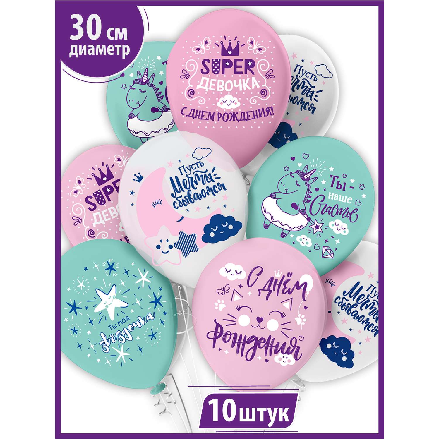 Воздушные шары для девочки МИКРОС. Территория праздника «С днем рождения» набор 10 штук - фото 1