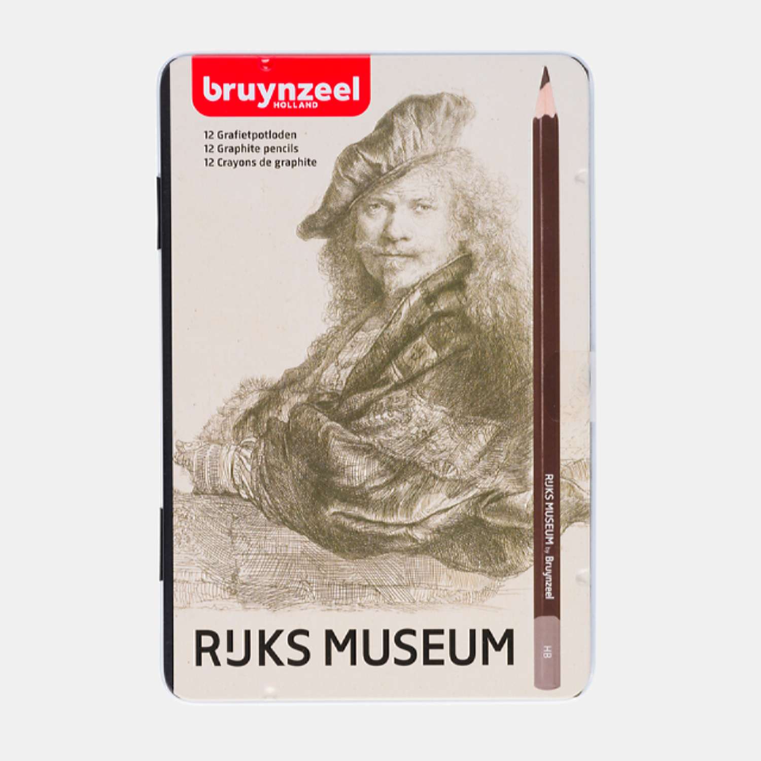Набор простых карандашей BRUYNZEEL The Rijksmuseum Автопортрет Рембрандт 12 типов жесткости в металлическом коробе-пенале - фото 1