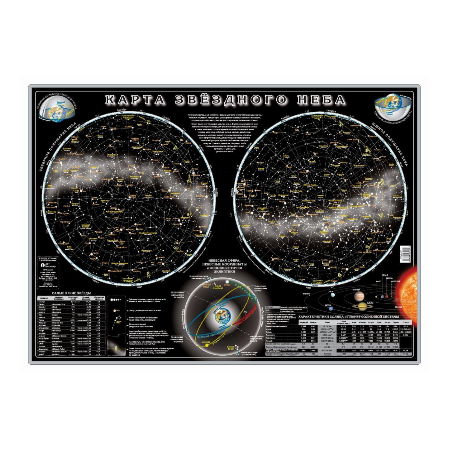 Карта астрономическая АГТ Геоцентр Северное и Южное полушария звездного неба 60х90 см в тубусе - фото 1