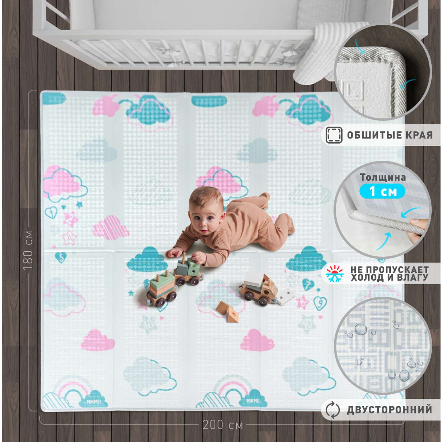 Детский коврик MIKMEL Premium складной игровой развивающий двусторонний для ползания 180х200 см Небо Геометрия - фото 1