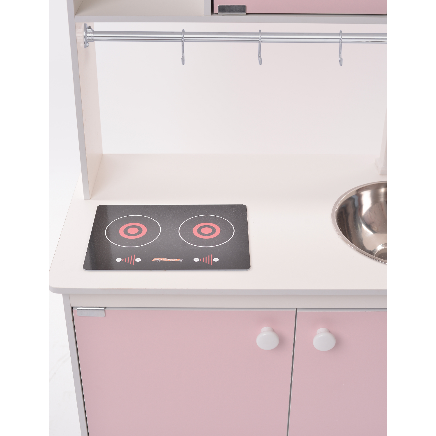 Детская кухня Sitstep рейлинг и имитация плиты-наклейка. Розовые фасады - фото 2