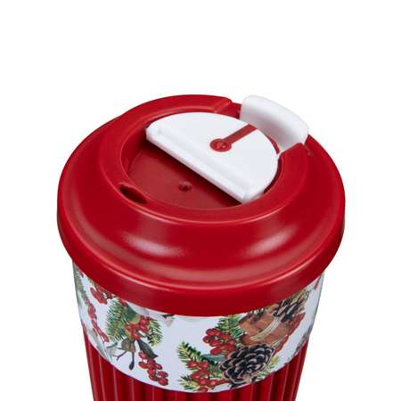 Стакан для горячих напитков Phibo с клапаном и Новогодним декором Хлопок 350мл бордовый