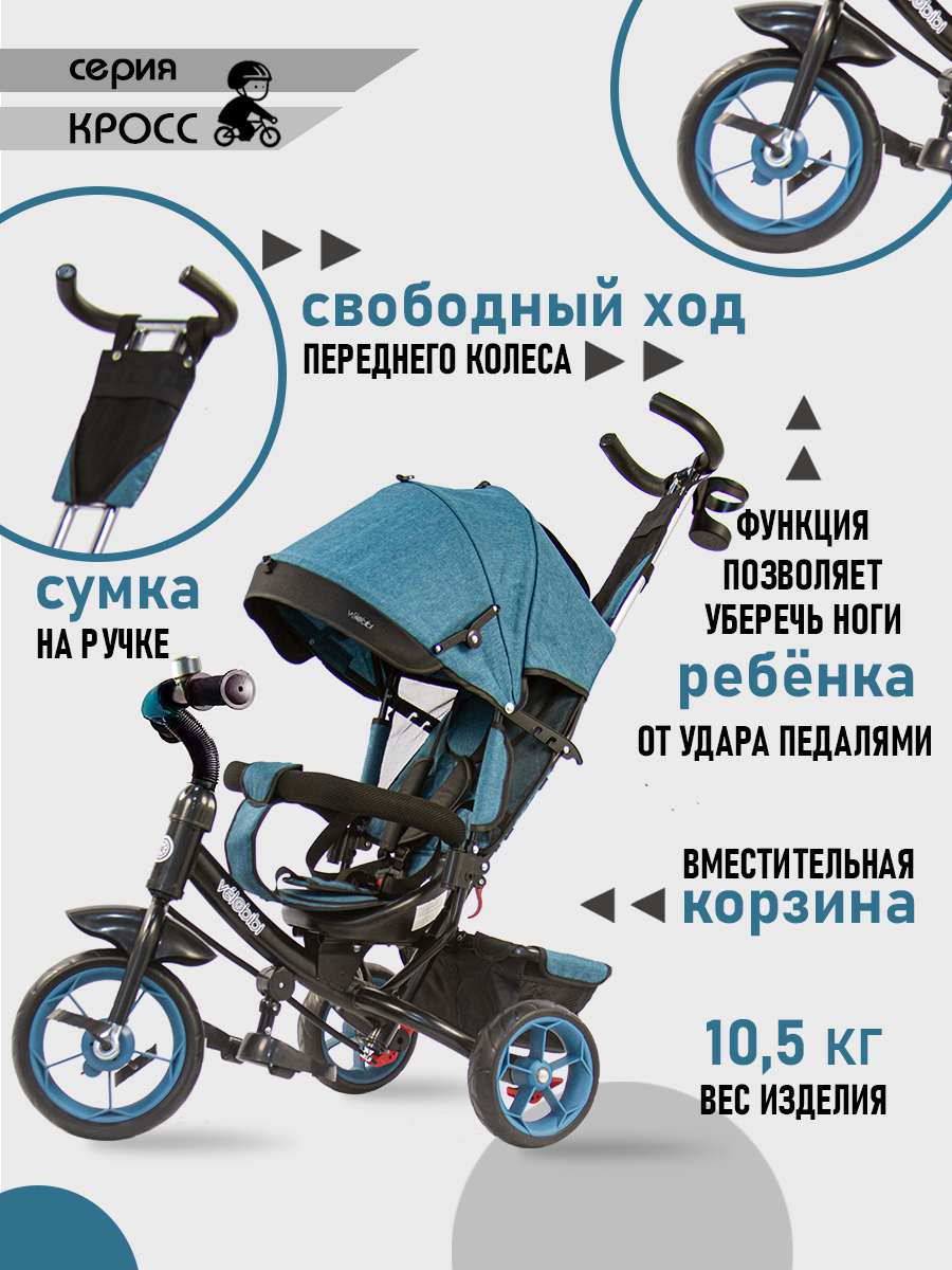 Велосипед трёхколесный Velobibi КРОСС Бирюзовый Колеса EVA - фото 5