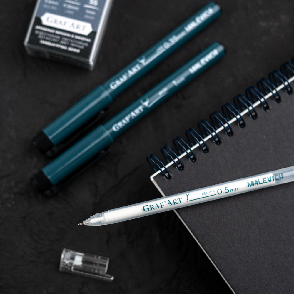 Капиллярные ручки Малевичъ Комплект GrafArt 03 кисть белая гелевая ручка 0.5 мм - фото 4