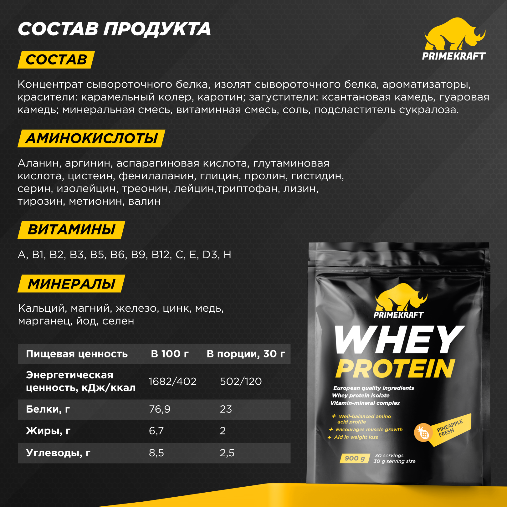 Протеин WHEY Prime Kraft ананасовый фреш 900г - фото 4