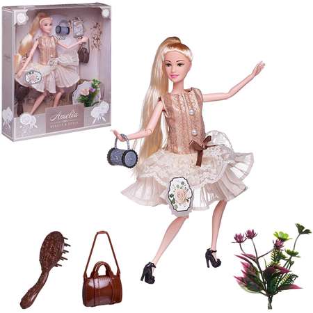 Кукла ABTOYS Современный шик платье без рукавов с плиссированной юбкой коричневая сумка блондинка 30см