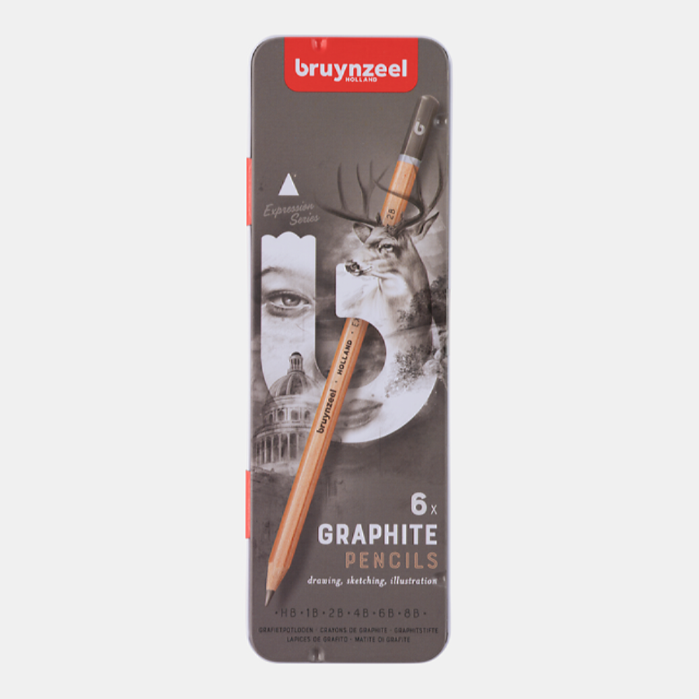 Набор карандашей для графики BRUYNZEEL Expression Graphite 6 типов жесткости в металлическом коробе-пенале - фото 1