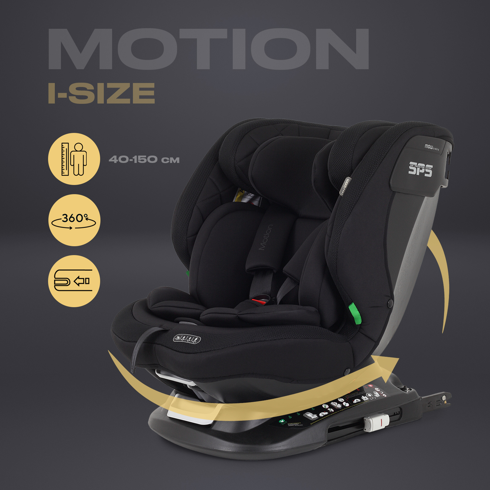 Автокресло с поворотной базой MOWbaby Motion isofix Black 40-150см - фото 1