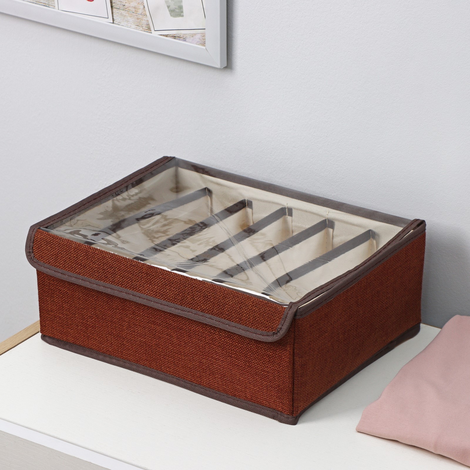 Органайзер Доляна для хранения белья с прозрачной крышкой «Тео» 6 отделений 32×23×12 см цвет коричневый - фото 3
