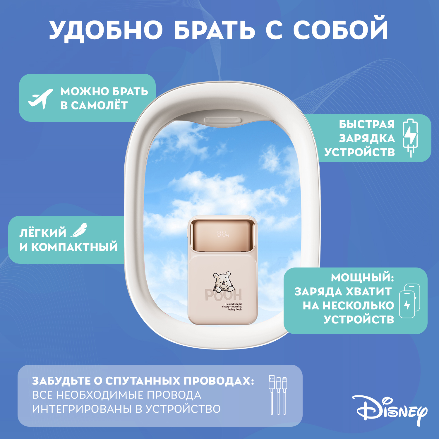 Внешний аккумулятор Disney Винни-Пух со встроенными кабелями 10000 мАч QS-D02 - фото 3