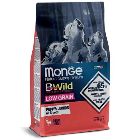 Корм для щенков MONGE Dog BWild Low Grain всех пород низкозерновой из мяса оленя 2.5кг