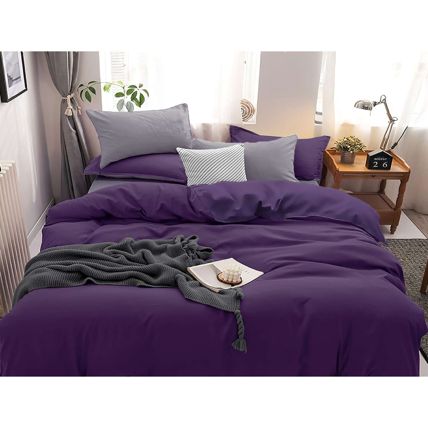 Комплект постельного белья PAVLine Манетти полисатин Евро темно-фиолетовый/серый S11 - фото 1