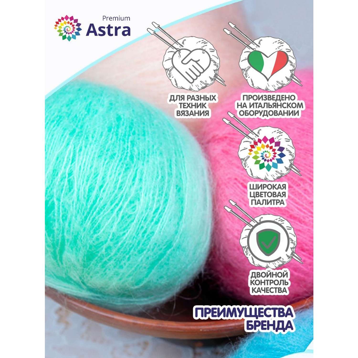 Пряжа Astra Premium Мохер Mohair полушерстяная с ворсом 25 г 190 м 36 голубая бирюза 4 мотка - фото 3