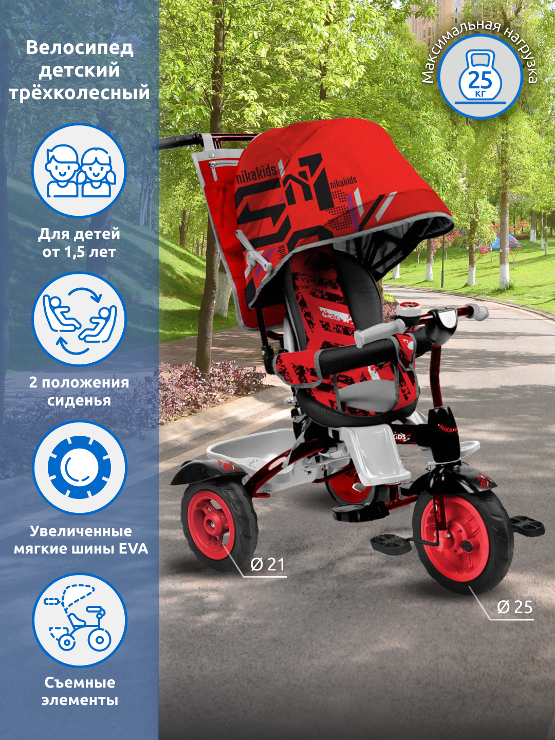 Велосипед детский Nika kids трёхколёсный коляска с ручкой - фото 1