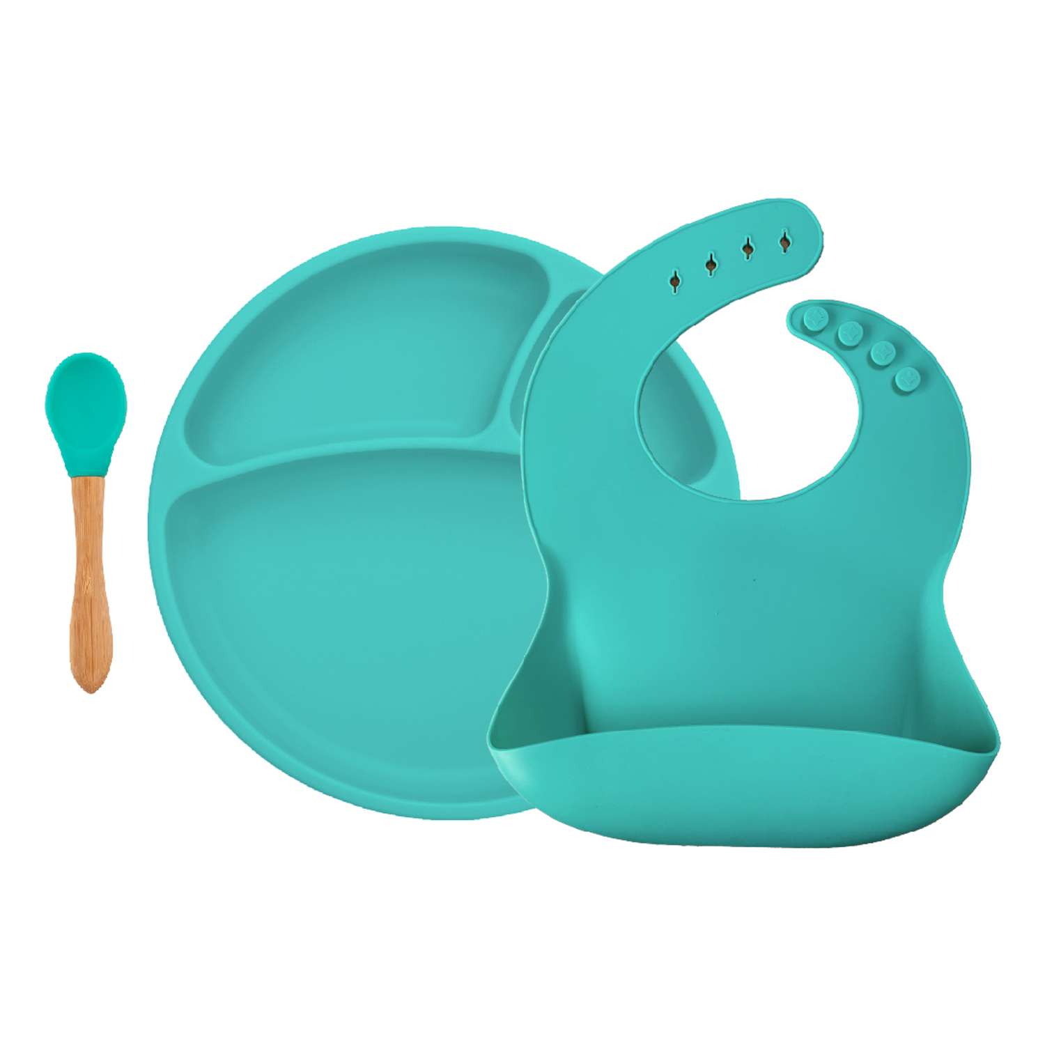 Набор детской посуды MinikOiOi из ложки тарелки и слюнявчика - фото 1