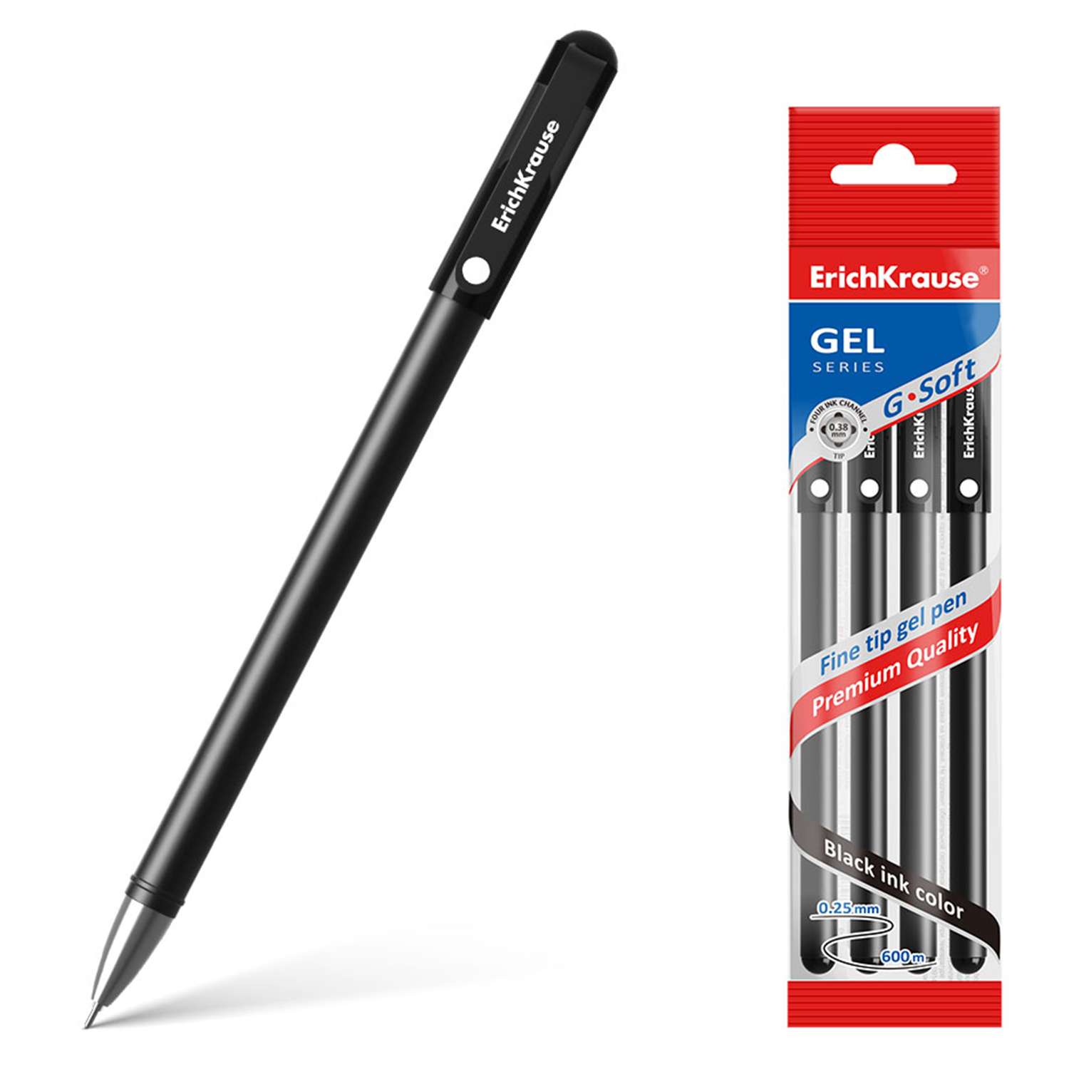 Ручка гелевая ErichKrause G-Soft цвет чернил черный в пакете 4 штуки - фото 1
