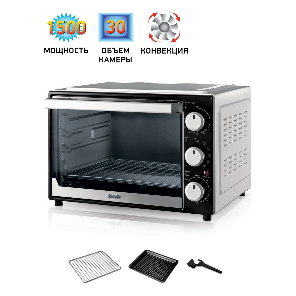 Духовка электрическая BBK OE3072MC серебро/черный объем 30 л мощность 1500 Вт - фото 2