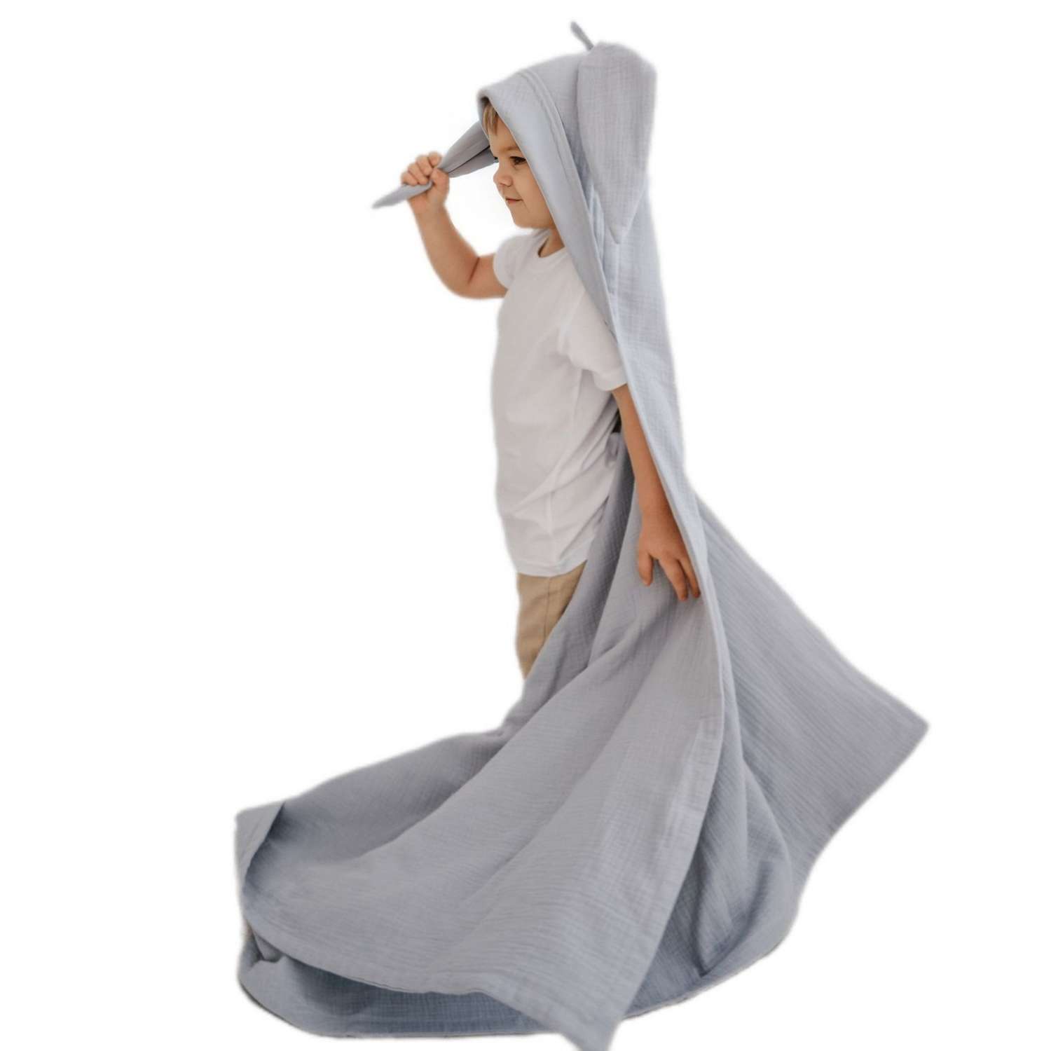 Муслиновое полотенце EcoMuslin с капюшоном серый зайчик 110х110 см - фото 4