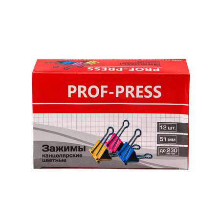 Зажим для бумаг Prof-Press цветной 51мм 12шт в коробке