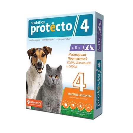 Капли на холку для кошек и собак Protecto 4 4-10кг от блох и клещей 1мл