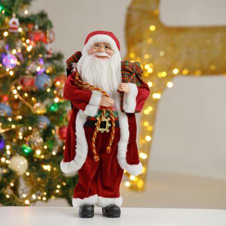 Фигура декоративная BABY STYLE Игрушка Дед Мороз в бордовой длинной шубе с белым орнаментом с подарками 45 см