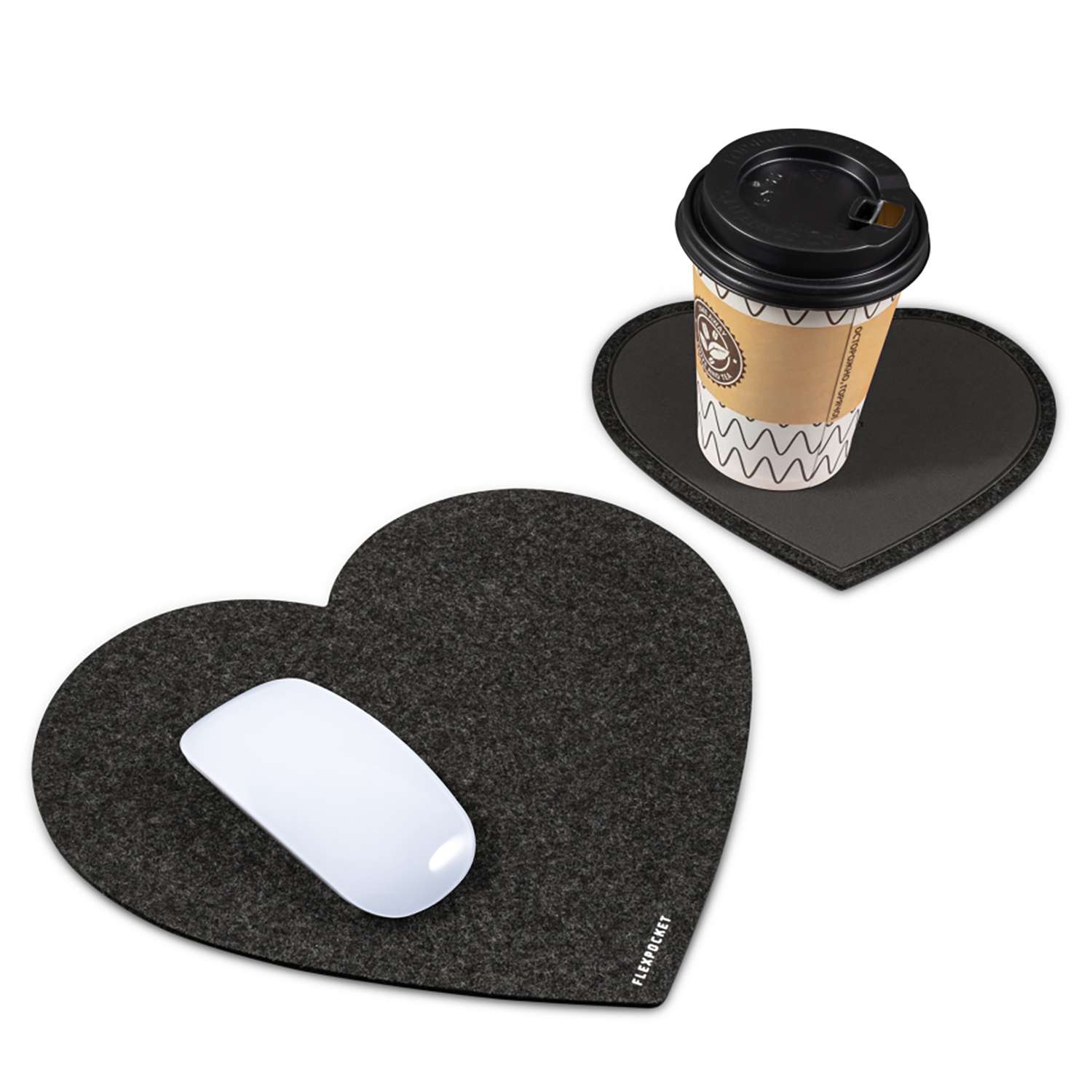 Настольный коврик Flexpocket для мыши в виде сердца с подставкой под кружку черный 2 шт в комплекте - фото 2