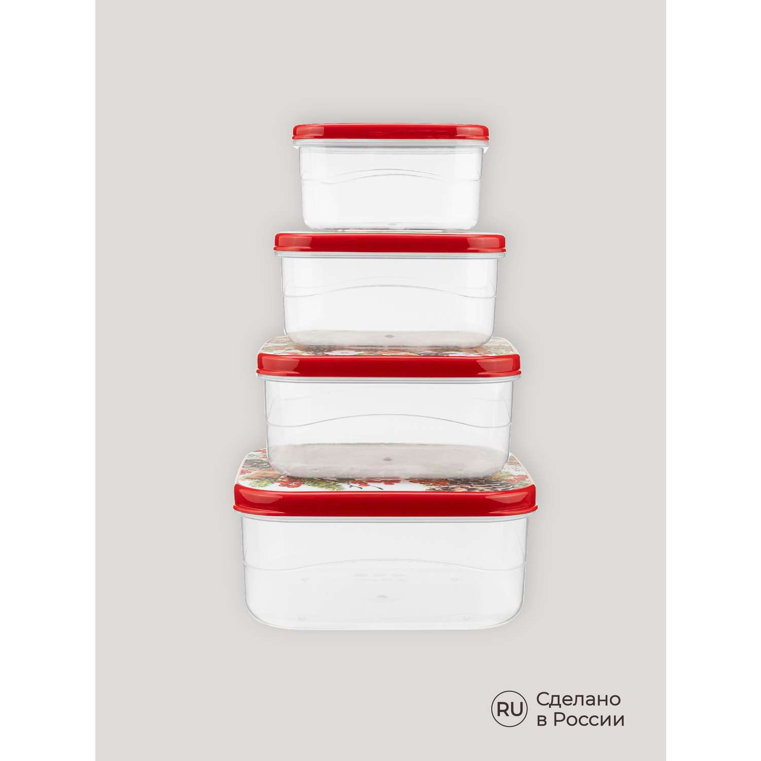 Комплект контейнеров Phibo для продуктов с Новогодним декором Хлопок 4 шт. 0.3л + 0.45л + 0.65л + 1л бордовый - фото 7