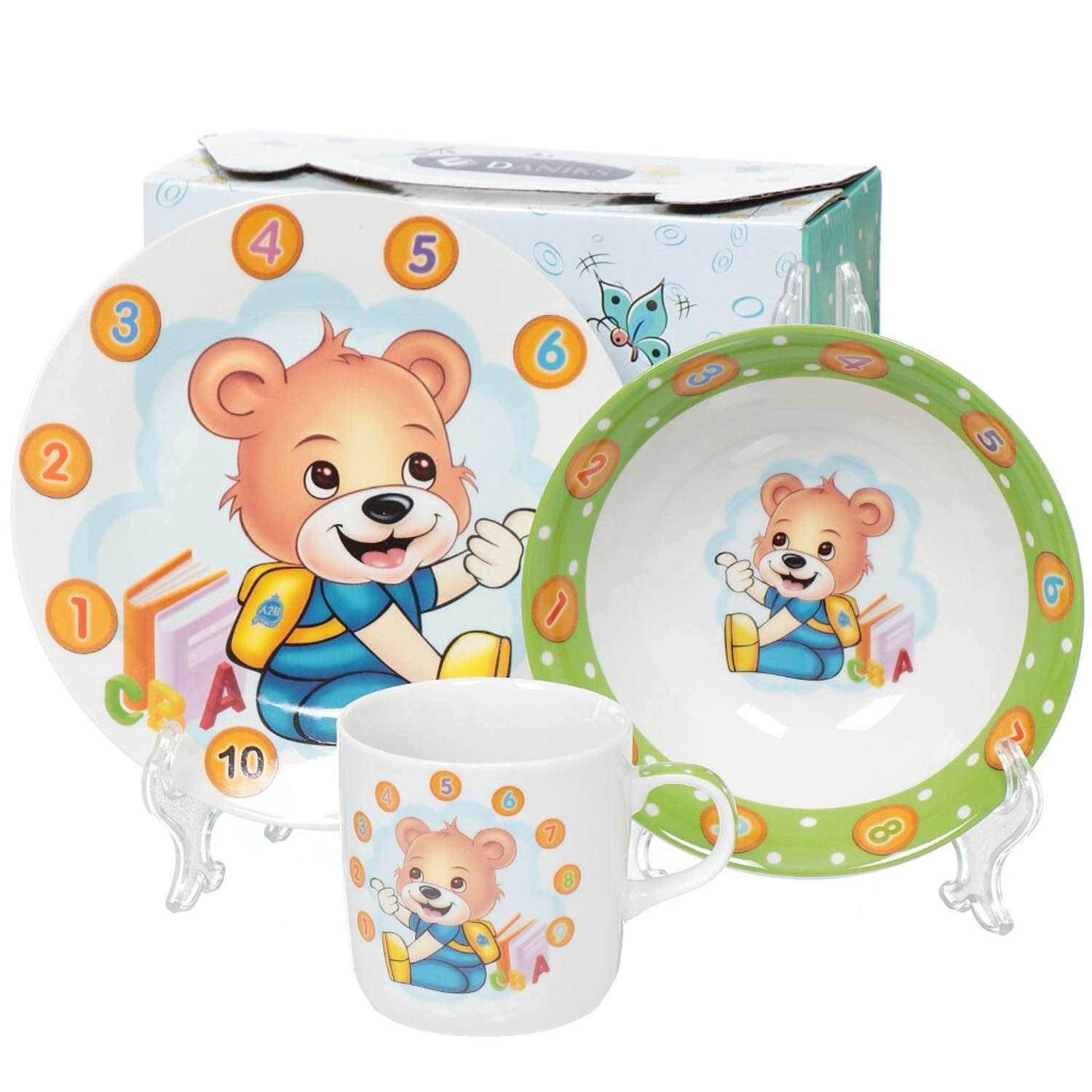 Набор детской посуды Daniks декорированный Веселый мишка 3 предмета керамика подходит для СВЧ и ПММ - фото 2