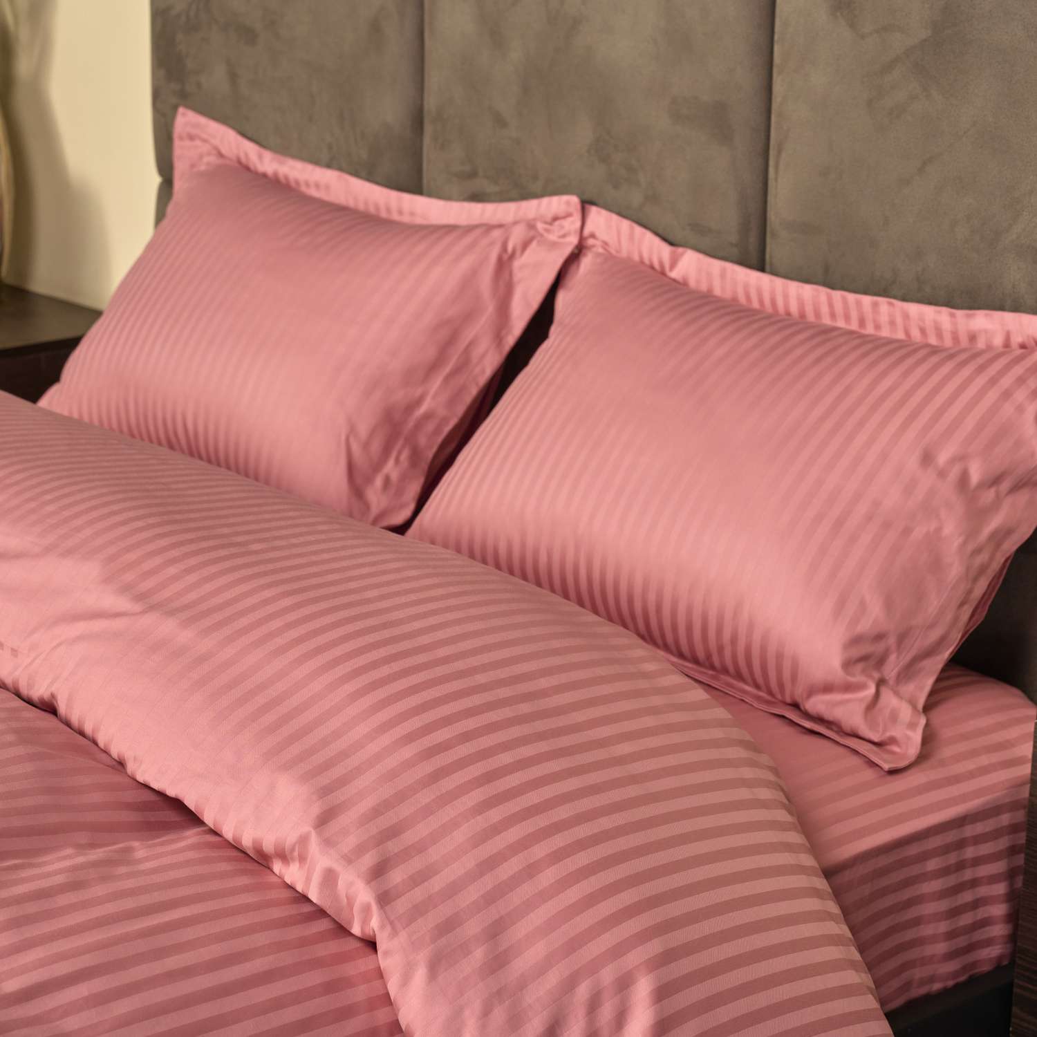 Постельное белье Arya Home Collection Евро комплект Отель 200х220 страйп сатин 2 наволочки 50х70 Розовый - фото 6