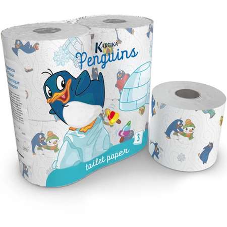 Туалетная бумага World cart с рисунком Пингвины 3 слоя 4 рулона по 200 листов