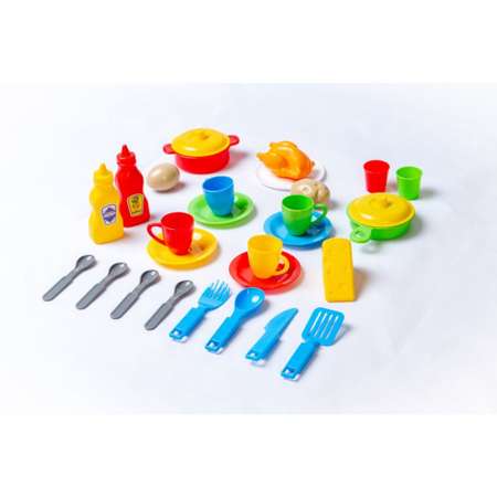Детская игрушечная посуда Green Plast с продуктами для кухни в корзинке