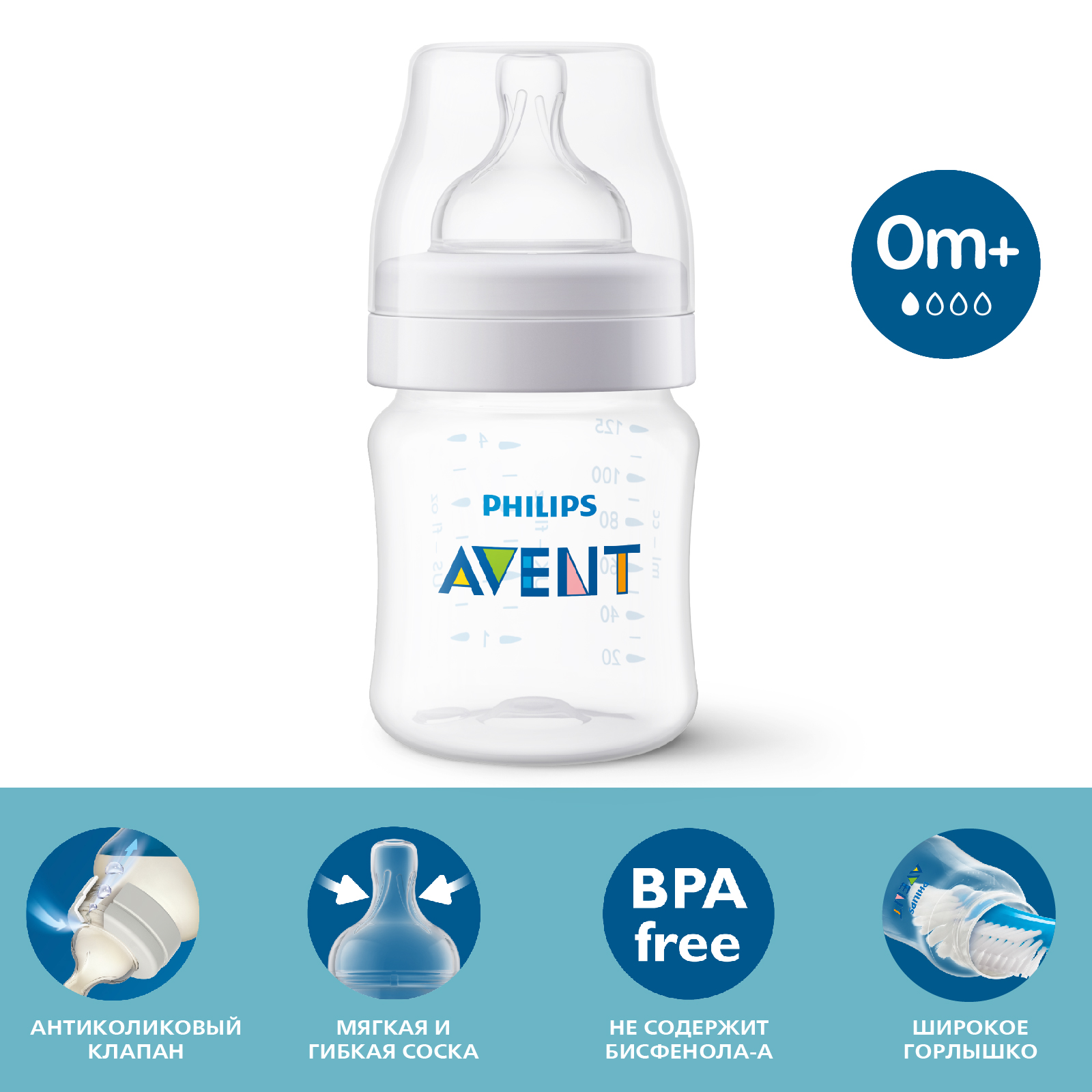 Бутылочка для кормления Philips Avent Anti-colic 125мл с 0месяцев SCY100/01  купить по цене 599 ₽ в интернет-магазине Детский мир