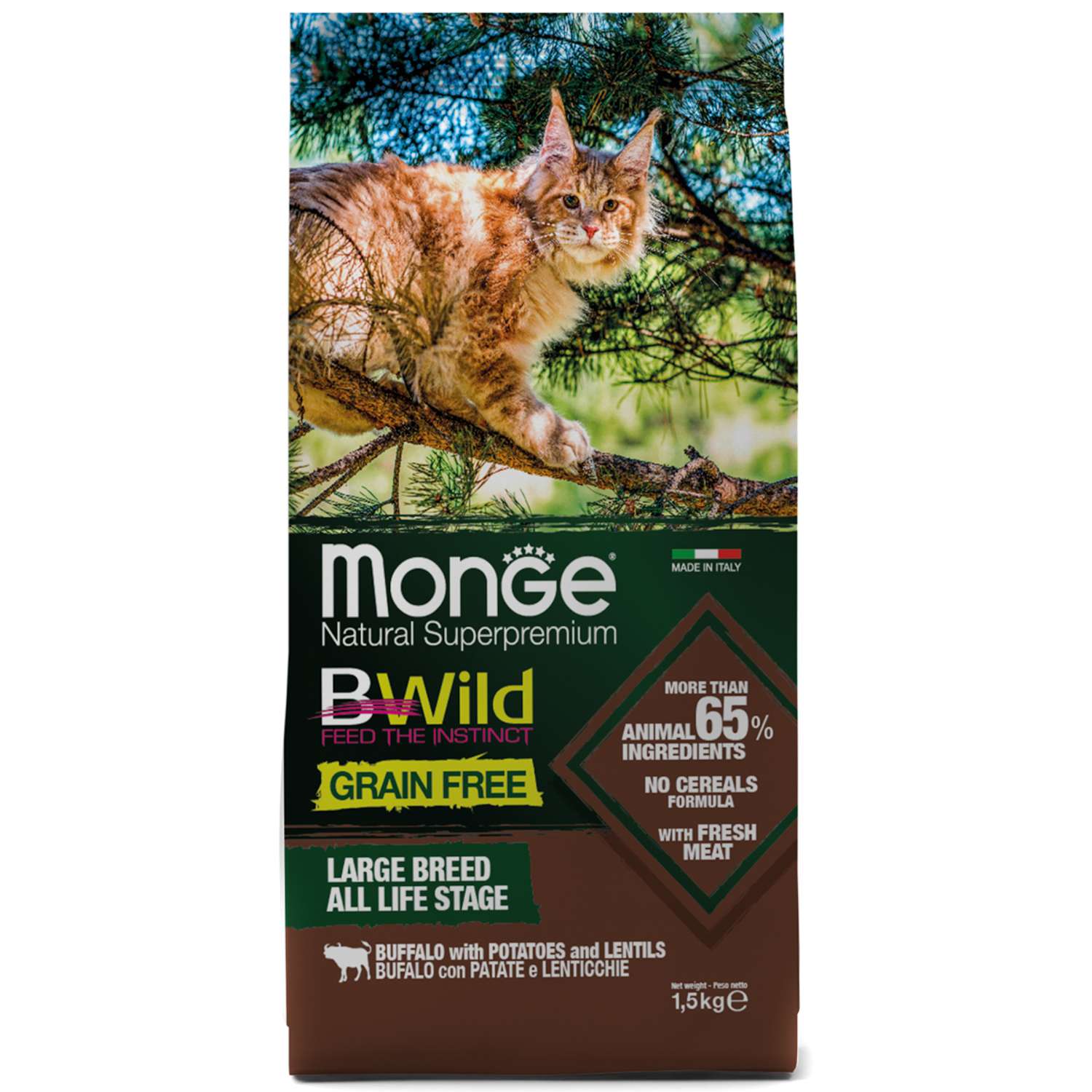 Корм для кошек MONGE BWild Grain free крупных пород из мяса буйвола 1.5кг - фото 1