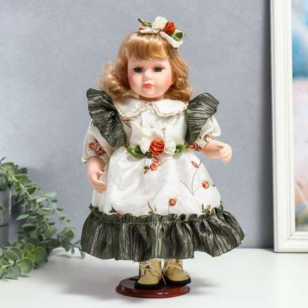 Кукла коллекционная Зимнее волшебство керамика «Беатрис в атласном платье с розочками» 30 см