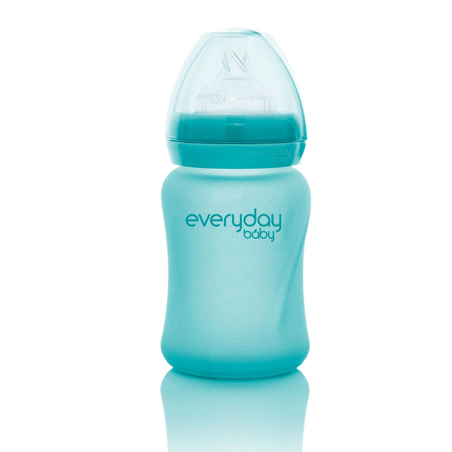 Бутылочка Everyday Baby Healthy стеклянная с индикатором температуры и силиконовым покрытием 150 мл бирюзовый - фото 1