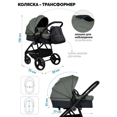 Коляска для новорожденных 3 в 1 JOVOLA Rapid прогулочная с автолюлькой оливковый-темно серый