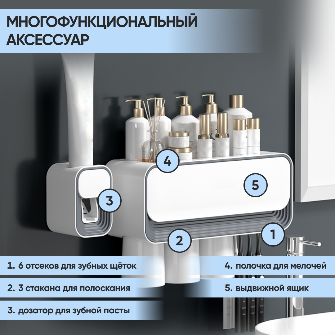 Держатель для зубных щеток oqqi с дозатором для зубной пасты 7х7х45361 - фото 3