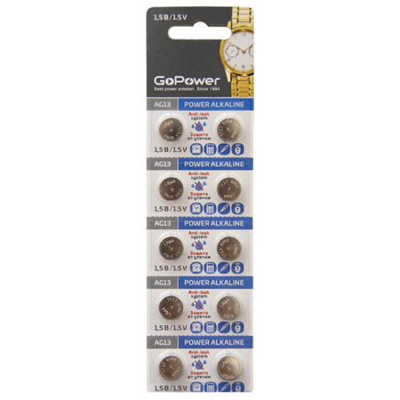 Набор батареек GoPower G13/LR1154/LR44/357A/A76 BL10 Alkaline 1.5V