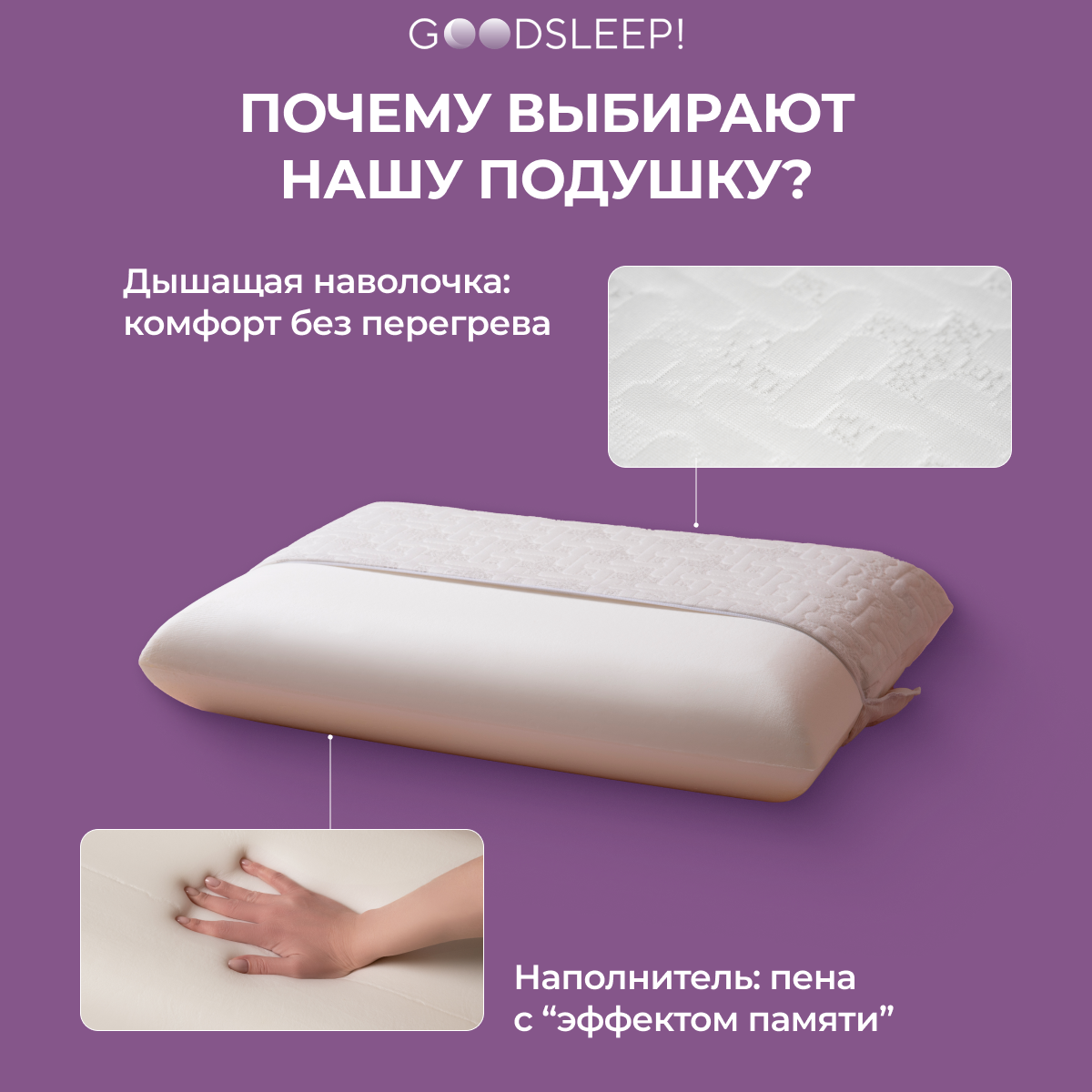 Ортопедическая подушка Goodsleep! классической формы Relax с эффектом памяти под голову - фото 5