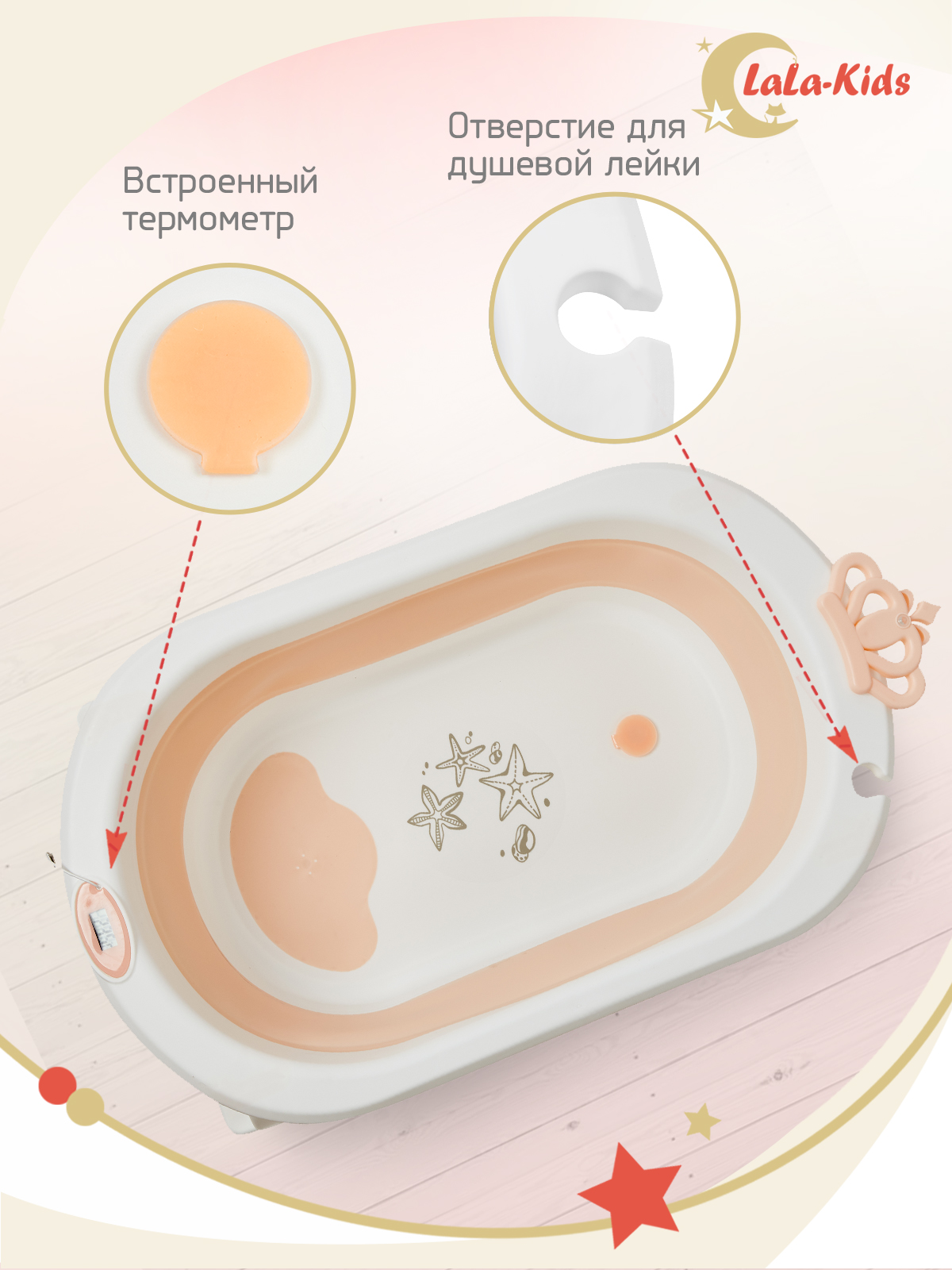 Детская ванночка с термометром LaLa-Kids складная с матрасиком для купания новорожденных - фото 7