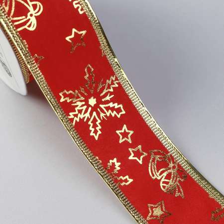 Лента Арт Узор бархатная с металлической нитью «Снежинки». 38 мм×9 ± 0.5 м. цвет красный/золотой