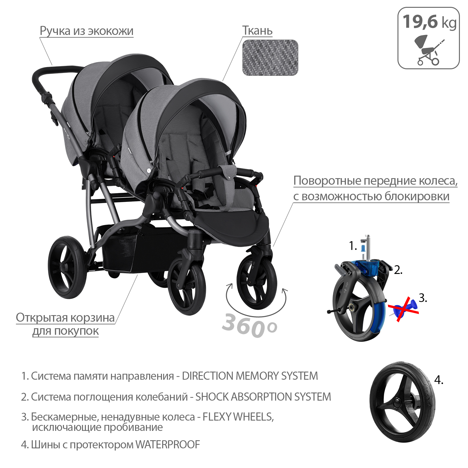 Коляска прогулочная для двойни Bebetto 42 Sport Comfort 04 шасси Графит - фото 5