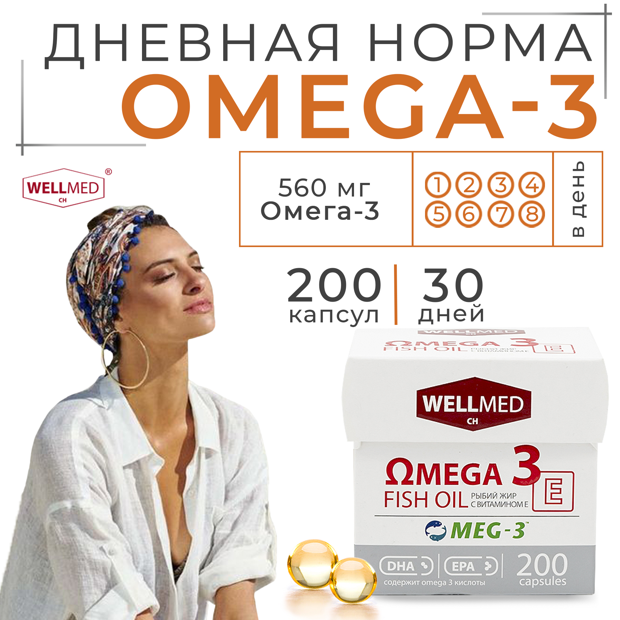 Рыбий жир для женщин WELLMED Концентрат Omega-3 с витамином E 200 капсул Fish oil - фото 4