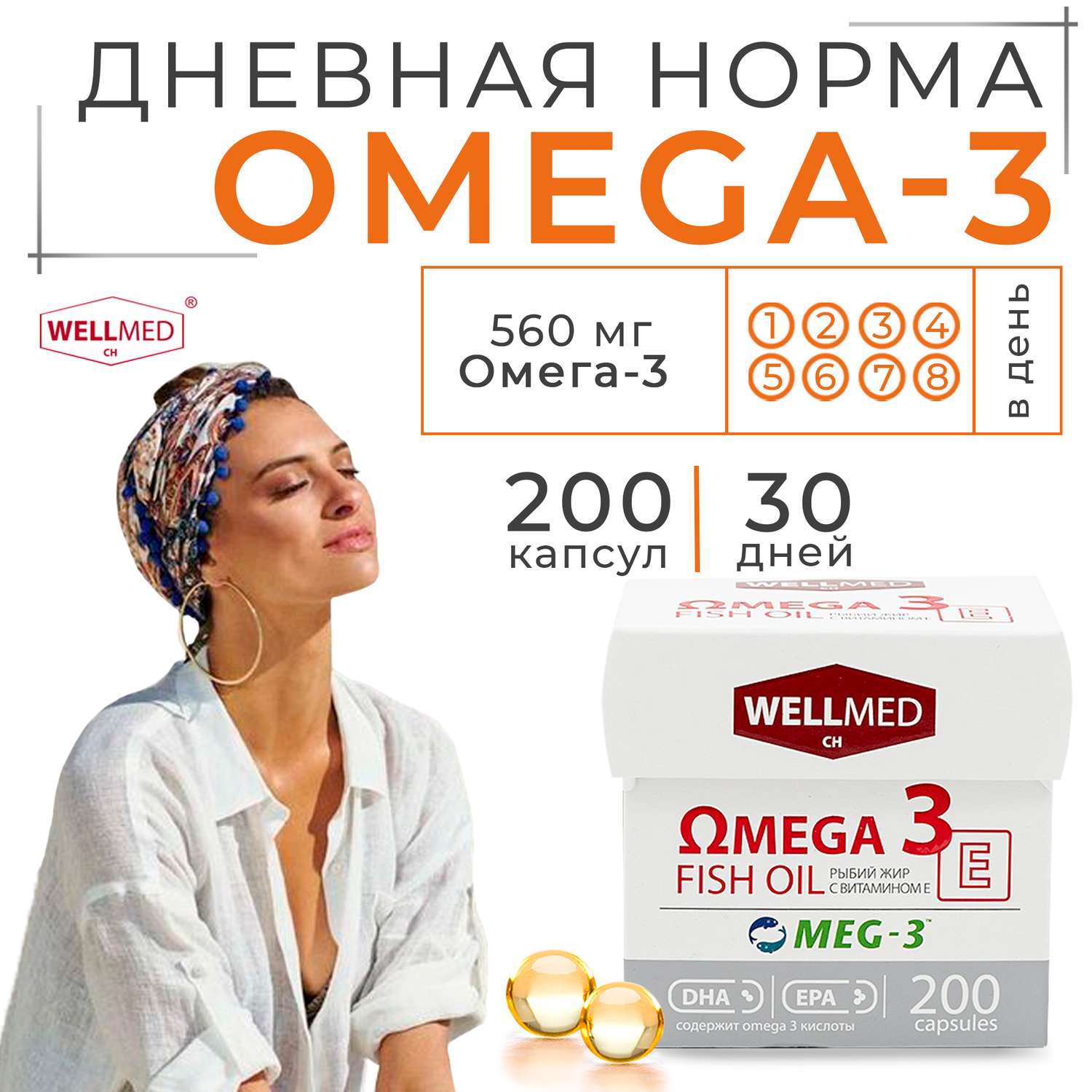 Рыбий жир для женщин WELLMED Концентрат Omega-3 с витамином E 200 капсул Fish oil - фото 3