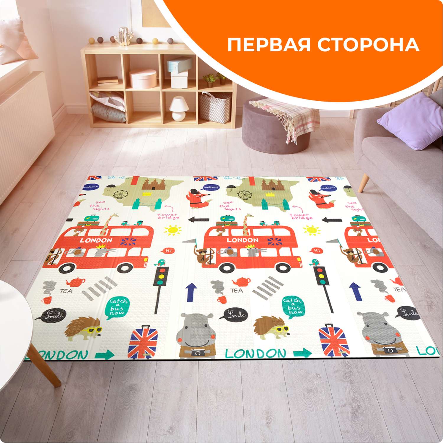 Развивающий коврик детский Mamagoods для ползания складной игровой 150х200 см Дороги и автобус - фото 2