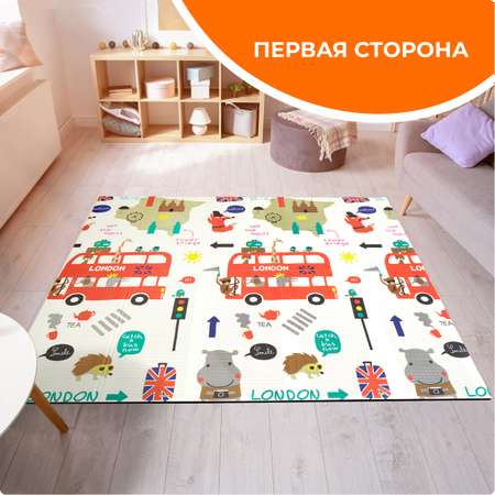 Развивающий коврик детский Mamagoods для ползания складной игровой 150х200 см Дороги и автобус
