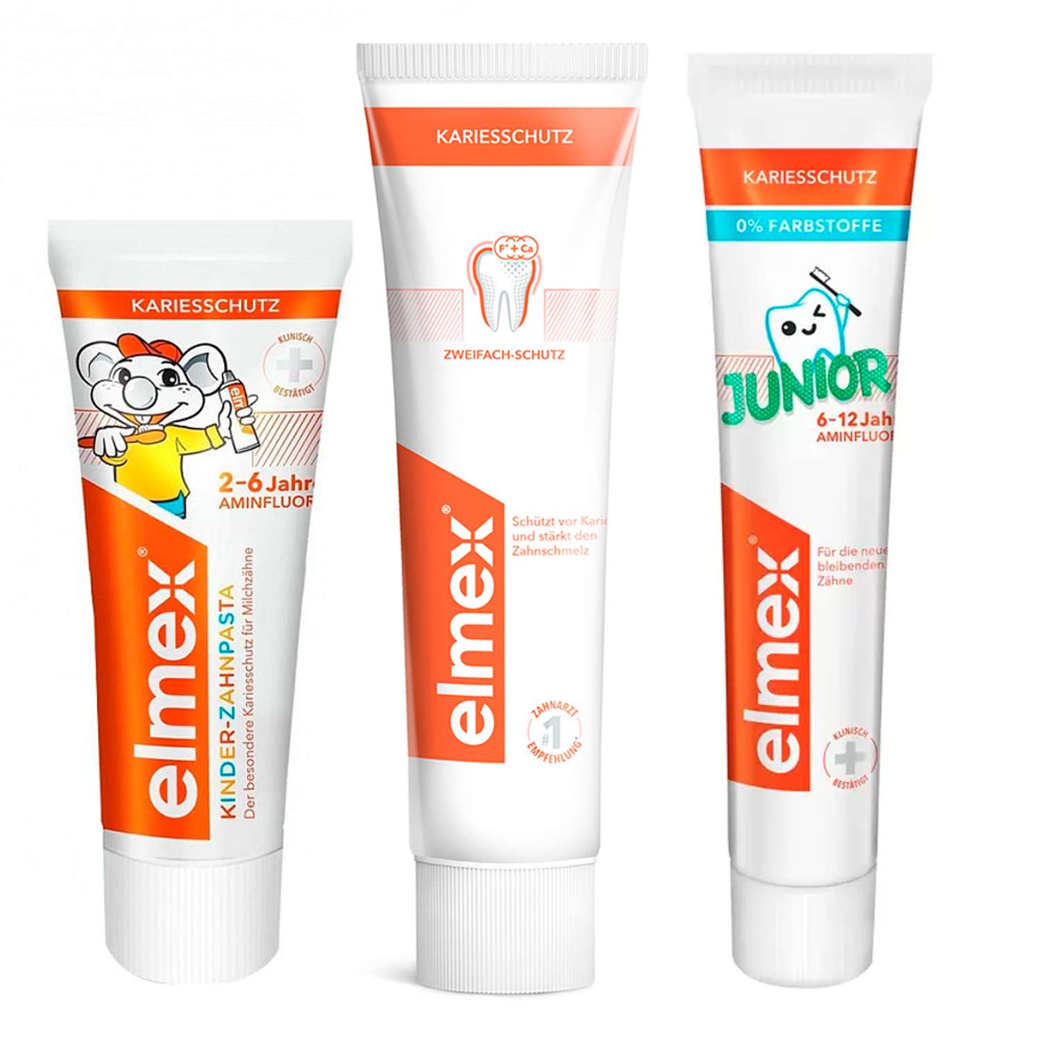 Набор зубных паст Elmex 3 шт. Детские 6-12 и 2-6 лет и взрослая защита от кариеса - фото 1