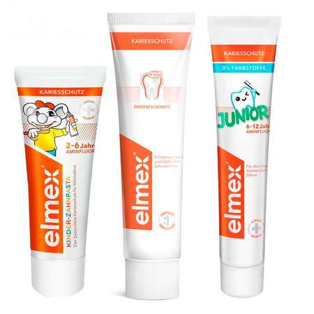 Набор зубных паст Elmex 3 шт. Детские 6-12 и 2-6 лет и взрослая защита от кариеса